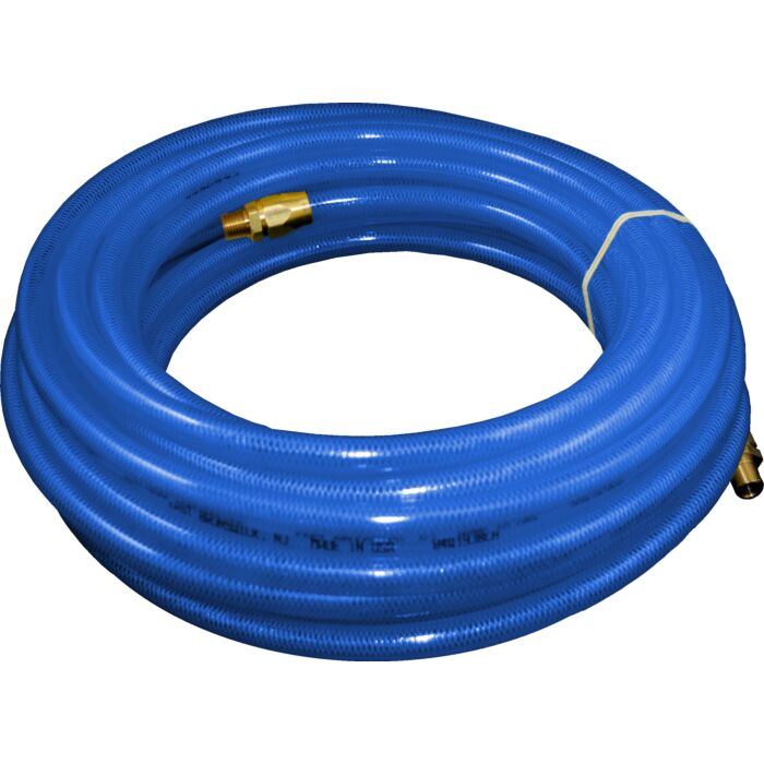 Flexeel Hose, 3/8" x 50', 1/4" MPT Reusable Strain Relief Fittings, Transparent Blue