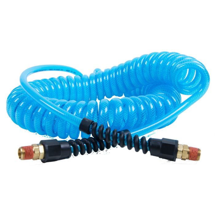 Flexeel Coil, 1/4" x 25', 1/4" NPT Swivel Strain Relief Fittings, Transparent Blue