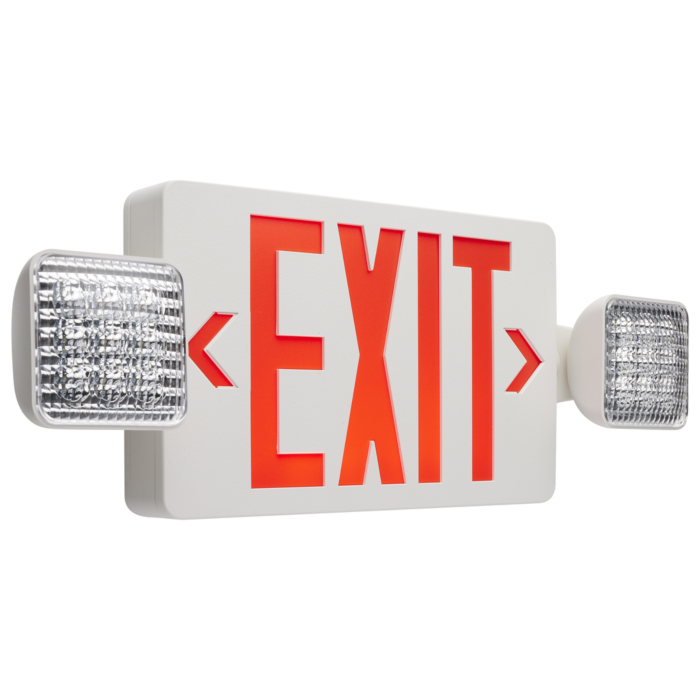 Satco Combination Red Exit Sign/Emergency Light, 90min Ni-Cad backup, 120/277V, Dual Head, Single/Dual Face, Universal Mounting, Remote Compatible