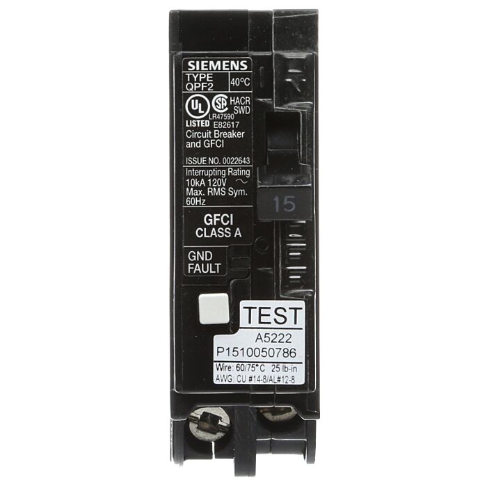 Siemens BRKR QPF2 GFCI 5mA 1P 120V 15A 10KA