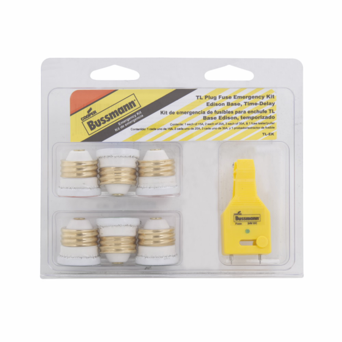 Bussmann Eaton Bussmann series Type TL emergency fuse kit, emergency Fuse Kit, edison base plug fuse kit, Kit contains (3 ea.) 30 A, (2) 20 A, (1) 15 A, FT-3 Fuse tester, TL series