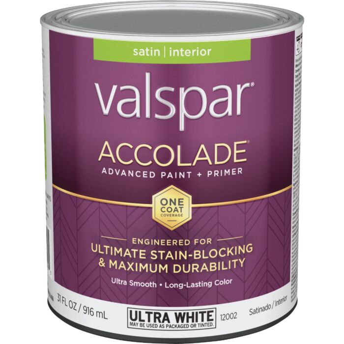 Valspar Accolade Super Premium 100% Acrylic Paint & Primer Satin Interior Wall Paint, Ultra White Base, 1 Qt.
