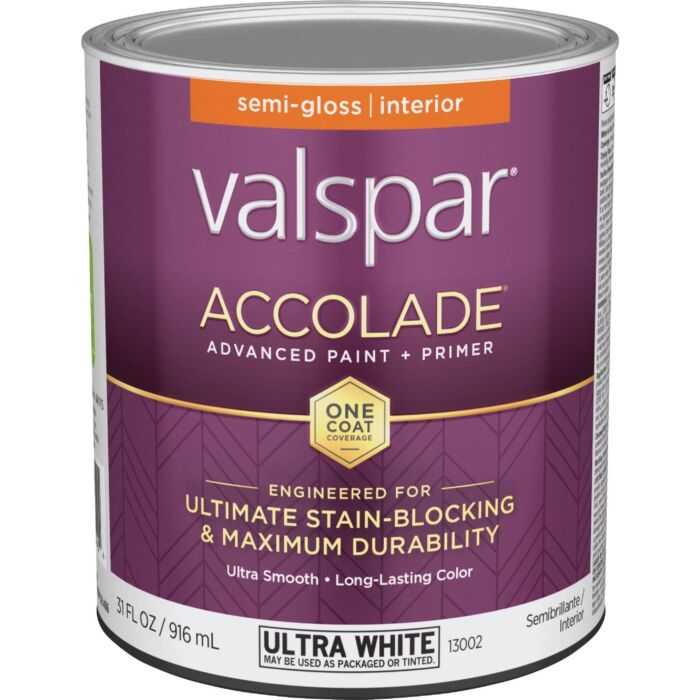 Valspar Accolade Super Premium 100% Acrylic Paint & Primer Semi-Gloss Interior Wall Paint, Ultra White Base, 1 Qt.