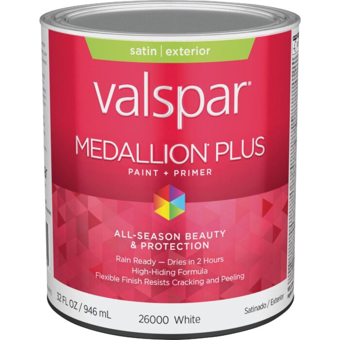  Valspar Medallion Plus Premium Paint & Primer Satin Exterior Paint, White, 1 Qt.