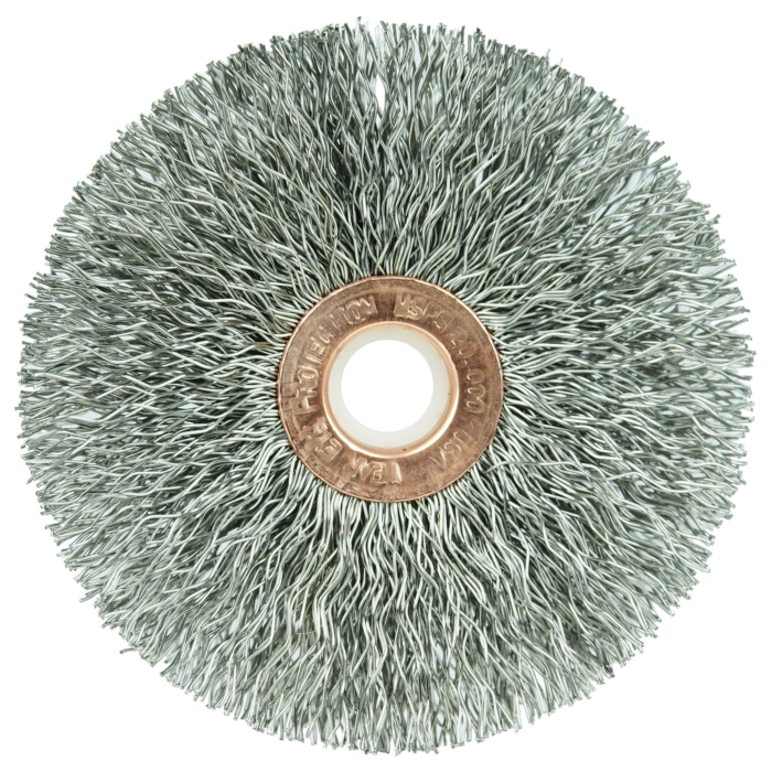 Weiler 3" Small Diameter Crimped Wire Wheel, .014" Stainless Steel Fill, 1/2"-3/8" Arbor Hole