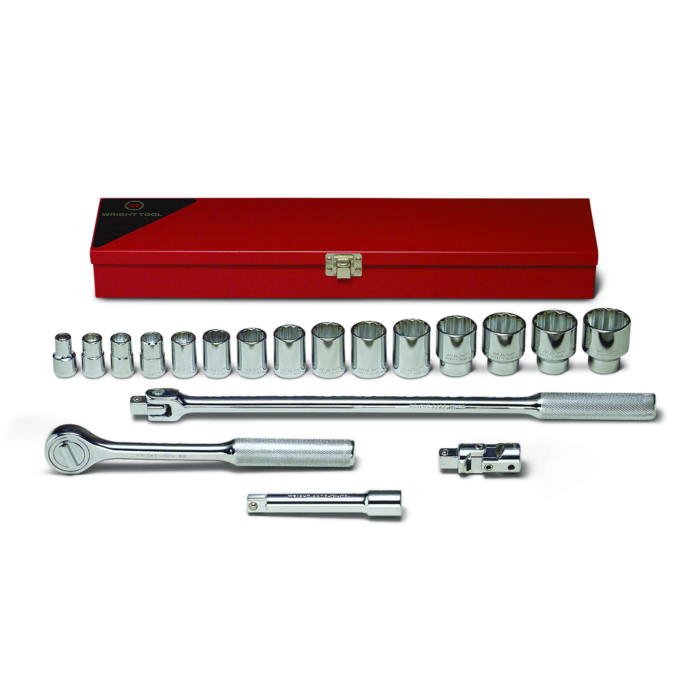 Wright Tool 1/2" Drive 19 Piece Metal Boxed Set - 12 Point Standard Sockets, 3/8" - 1-1/4", Ratchet, Flex Handle, 5" Extension, Universal
