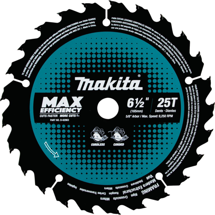 Makita 6-1/2" 25T Carbide-Tipped Max Efficiency Circular Saw Blade, Framing