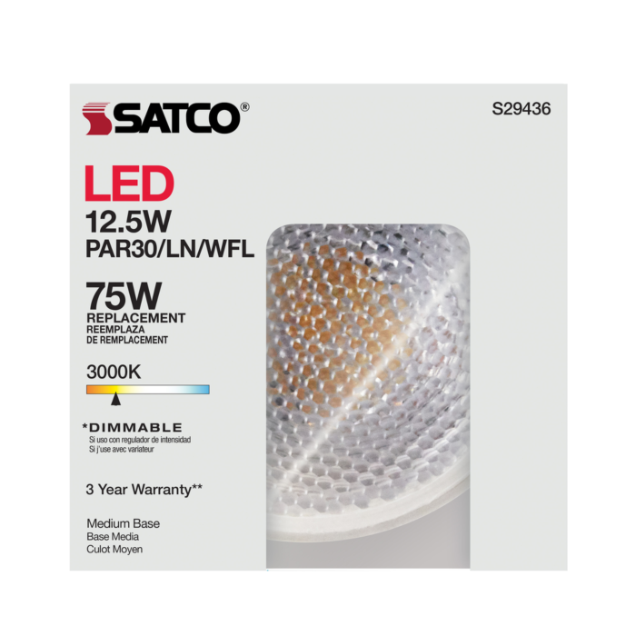Satco 12.5 Watt - PAR30LN LED - 3000K - 60 deg. Beam Angle - Medium base - 120 Volt