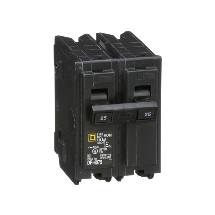 Square D Mini circuit breaker, Homeline, 25A, 2 pole, 120/240VAC, 10kA AIR, standard type, plug in, UL
