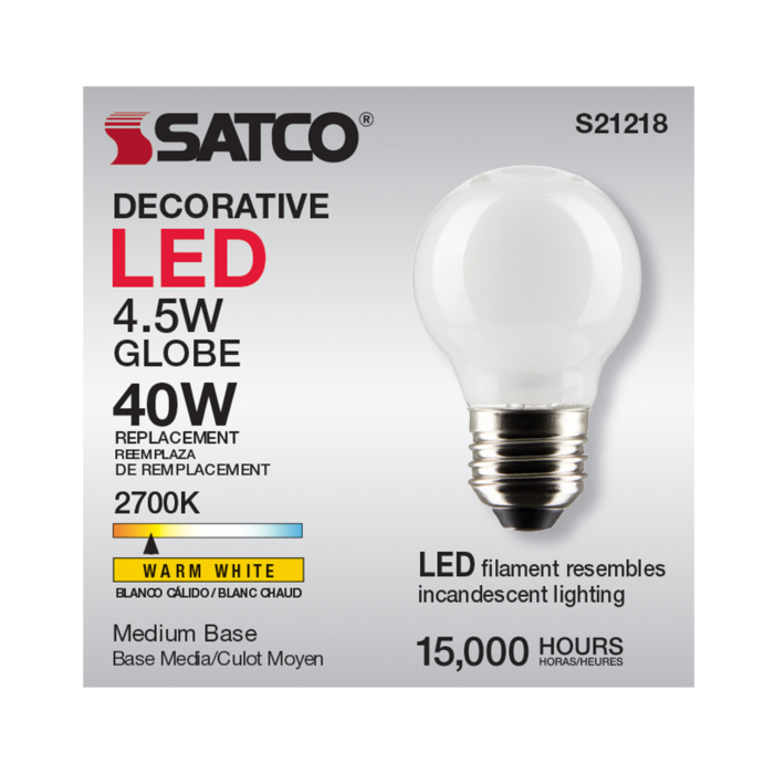 Satco 4.5 Watt G16.5 LED Filament - White - Medium base - 90 CRI - 2700K - 120 Volt