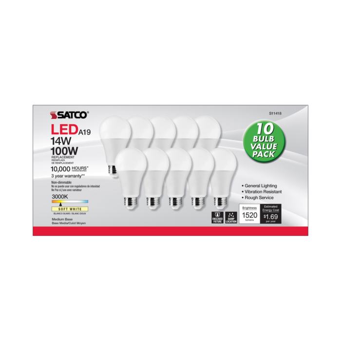 Satco 14 Watt A19 LED - 3000K - 100 Watt Replacement - Medium base - 220 deg. Beam Angle - 10-Pack