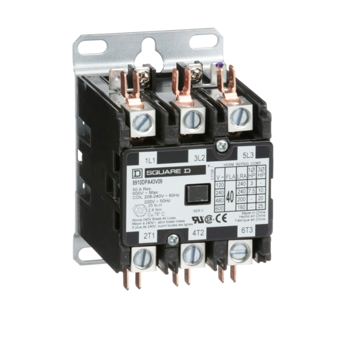 Schneider Electric Contactor, Definite Purpose, 40A, 3 pole, 25HP at 575VAC, 3 phase, 208/240VAC 60Hz 220VAC 50Hz coil, open