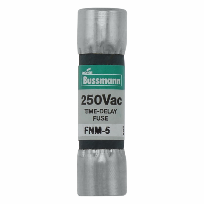 Eaton Bussmann series FNM fuse, Time-delay Midget fuse, 5 A, Dual, Non-indicating, Ferrule end x ferrule end, 10 kAIC at 125 Vac,200 AIC at 250 Vac, Nickel-plated bronze endcap, Standard, 250 V