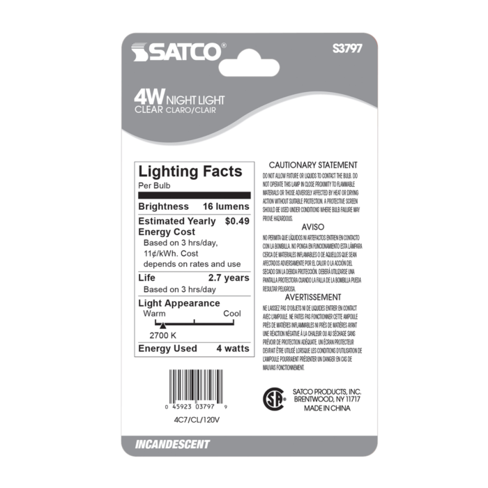 Satco 4 Watt C7 Incandescent - Clear - 3000 Average rated hours - 16 Lumens - Candelabra base - 120 Volt - 2-Card