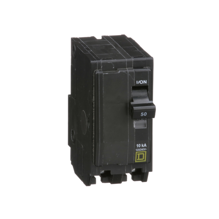 Square D Mini circuit breaker, QO, 50A, 2 pole, 120/240VAC, 10kA, plug in, consumer pack