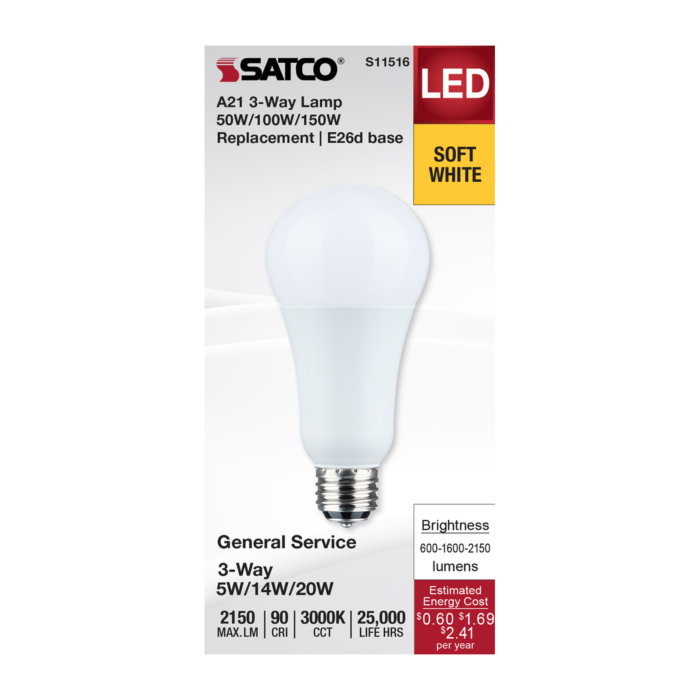 Satco 5/14/20 Watt A21 LED - 3-Way Lamp - White Finish - 3000K CCT - Medium Double Contact Base - 120 Volt