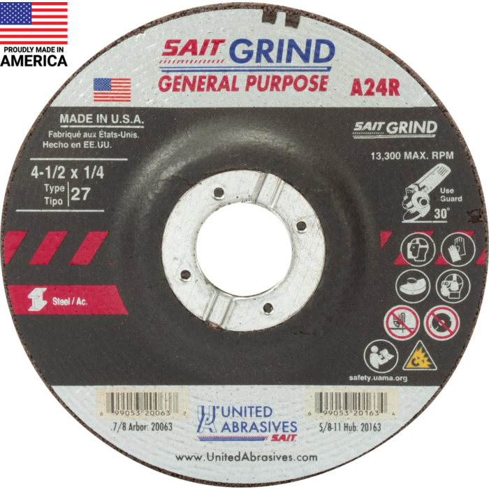 20063 A24R General Purpose/Long Life Grinding Wheel (Type 27/Depressed Center) 4 1/2" x 1/4" x 7/8"