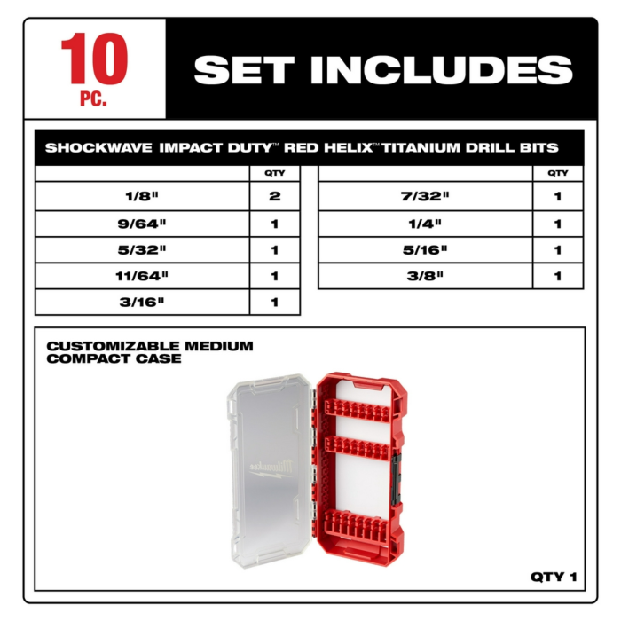 Milwaukee 10PC SHOCKWAVE™ Impact Duty RED HELIX™ Titanium