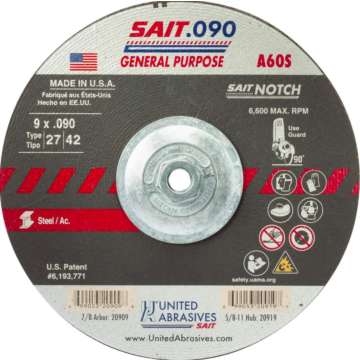 United Abrasives 20919 A60S General Purpose Cutting & Notching Wheels (Type 27/Type 42) 9" x .090" x 5/8"-11