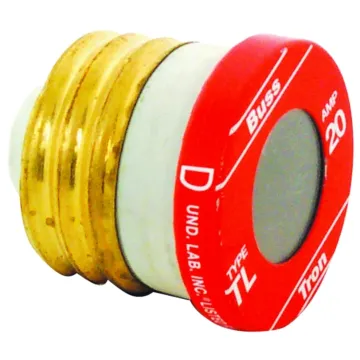 Bussmann Eaton Bussmann series Type TL plug fuse, plug fuse, time delay, 125 Vac, 10 kAIC (RMS Symmetrical) interrupt rating, 10 kA short circuit rating, threaded mount, plastic body, brass thread, edison base, 20 A