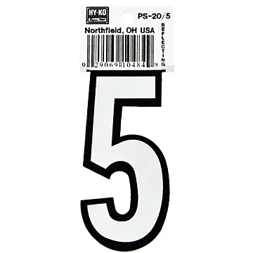 HY-KO Hy-Ko PS-20/5 Reflective Sign, Character: 5, 3-1/4 in H Character, Black/White Character, Vinyl