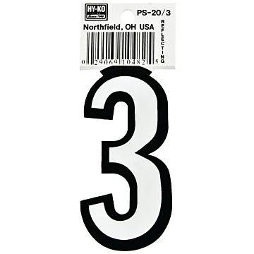 HY-KO Hy-Ko PS-20/3 Reflective Sign, Character: 3, 3-1/4 in H Character, Black/White Character, Vinyl