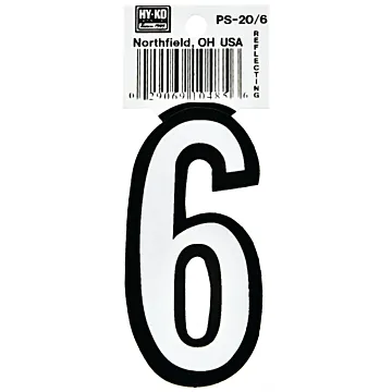 HY-KO Hy-Ko PS-20/6 Reflective Sign, Character: 6, 3-1/4 in H Character, Black/White Character, Vinyl