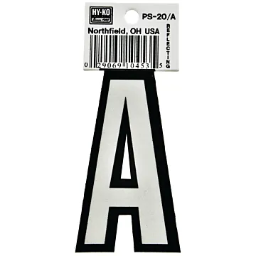 HY-KO Hy-Ko PS-20/A Reflective Letter, Character: A, 3-1/4 in H Character, Black/White Character, Vinyl