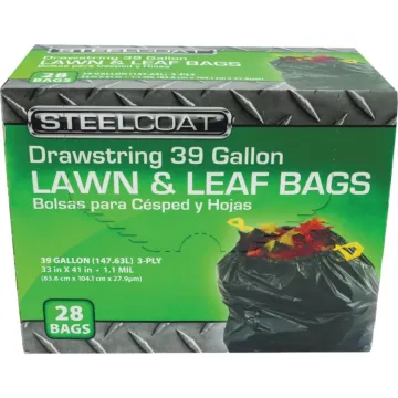 Steelcoat Drawstring Lawn & Leaf Trash Bag (Black - 28pk) 39 gal