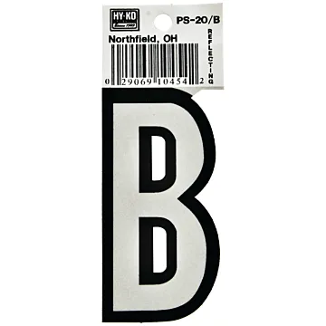 Hy-Ko PS-20/B Reflective Letter, Character: B, 3-1/4 in H Character, Black/White Character, Vinyl