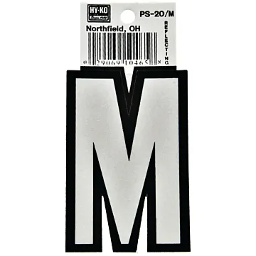 Hy-Ko PS-20/M Reflective Letter, Character: M, 3-1/4 in H Character, Black/White Character, Vinyl