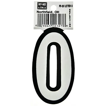 Hy-Ko PS-20/O Reflective Letter, Character: O, 3-1/4 in H Character, Black/White Character, Vinyl