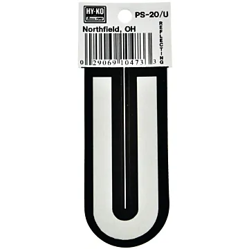HY-KO Hy-Ko PS-20/U Reflective Letter, Character: U, 3-1/4 in H Character, Black/White Character, Vinyl