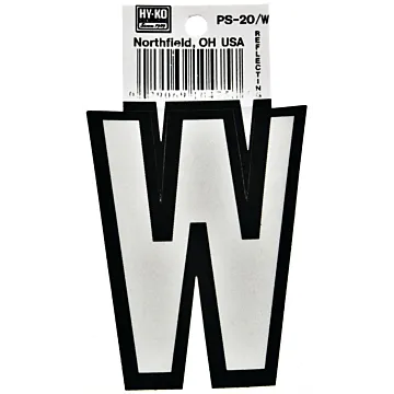 Hy-Ko PS-20/W Reflective Letter, Character: W, 3-1/4 in H Character, Black/White Character, Vinyl