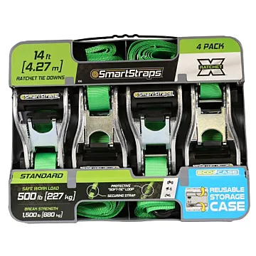 SmartStrap 345 Tie-Down, 1 in W, 14 ft L, Polyester, Green, 500 lb, S-Hook End Fitting, Steel End Fitting