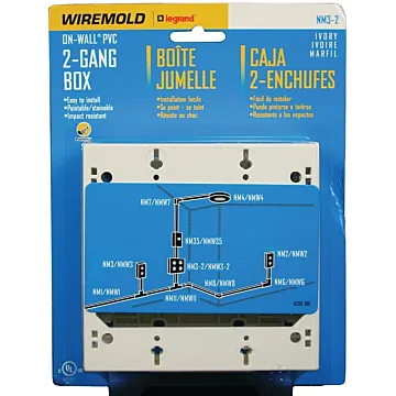 Wiremold NM NM3-2 Outlet Box, 2 -Gang, 0 -Knockout, Plastic, Ivory, Wall Mounting