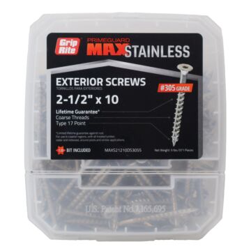 Grip-Rite #10 x 2-1/2" T-25 Star, Deck Screw, Stainless Steel, Silver (Bulk Box 5 lb)