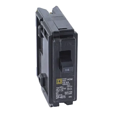 Square D Mini circuit breaker, Homeline, 15A, 1 pole, 120/240VAC, 10kA AIR, standard type, plug in, UL