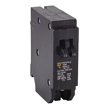 Square D Tandem circuit breaker, Homeline, 2 x 1 pole at 15A, 120/240VAC, 10kA AIR, plug in, UL