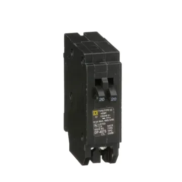 Square D Tandem circuit breaker, Homeline, 2 x 1 pole at 20A, 120/240VAC, 10kA AIR, plug in, UL