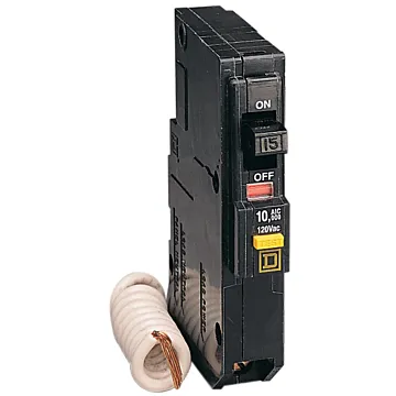 Square D Mini circuit breaker, QO, 15A, 1 pole, 120VAC, 10kA, plug in, 6mA grd fault A, pigtail, consumer pack [TAA]