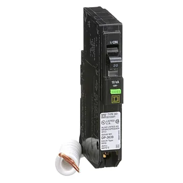 Square D Mini circuit breaker, QO, 20A, 1 pole, 120VAC, 10kA, plug in, combo ARC fault, pigtail, clam [TAA]