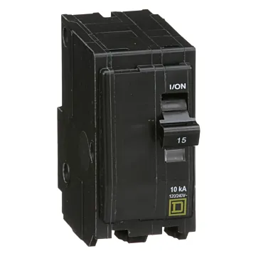 Square D Mini circuit breaker, QO, 15A, 2 pole, 120/240VAC, 10kA, plug in, consumer pack