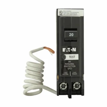 Eaton BR GFCI circuit breaker, Plug-in ground fault circuit breaker, 20 A, 10 kAIC, Single-pole, 120/240 V, BRN, Trip-to-center, Plug-on, #14-8 AWG, Ground fault circuit interrupter, GFI, 5 mA
