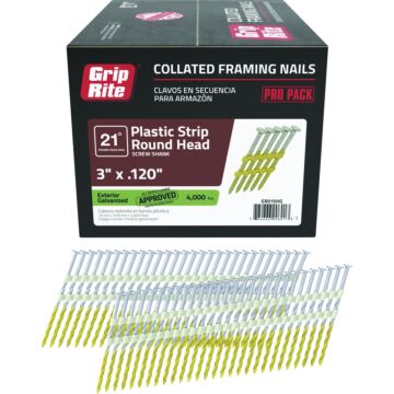 Grip-Rite 3 In. x 0.120 In. 21 Deg. Hot Galvanized Round Head Screw Shank Plastic Strip Collated Framing Nail (4000-Count)