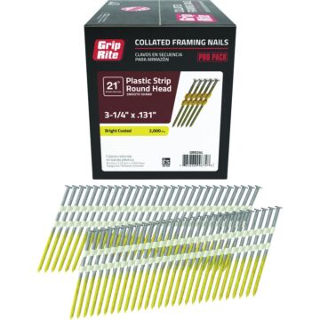 Grip-Rite 3-1/4 In. x 0.131 In. 21 Deg. Bright Coated Round Head Smooth Shank Plastic Strip Collated Framing Nail (2000-Count)
