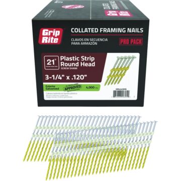 Grip-Rite 3-1/4 In. x 0.120 In. 21 Deg. Hot Galvanized Round Head Screw Shank Plastic Strip Collated Framing Nail (4000-Count)