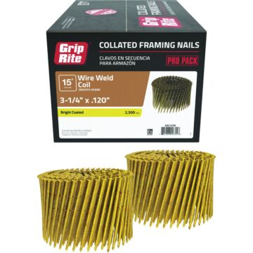 Grip-Rite 3-1/4 In. x 0.120 In. 15 Deg. Bright Round Head Smooth Shank Wire Coil Collated Framing Nail (2500-Count)