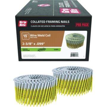 Grip-Rite 2-3/8 In. x 0.099 In. 15 Deg. Hot Galvanized Round Head Ring Shank Wire Coil Collated Framing Nail (3000-Count)