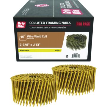 Grip-Rite 2-3/8 In. x 0.113 In. 15 Deg. Bright Coated Round Head Ring Shank Wire Coil Collated Framing Nail (3000-Count)